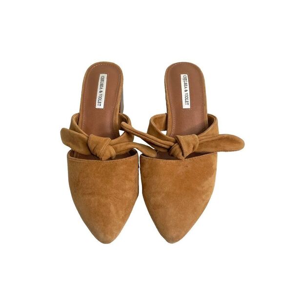 Chelsea & Violet Shoes - Chelsea & Violet Cognac‎ brown Suede MOLLY bow Mules Sz 7